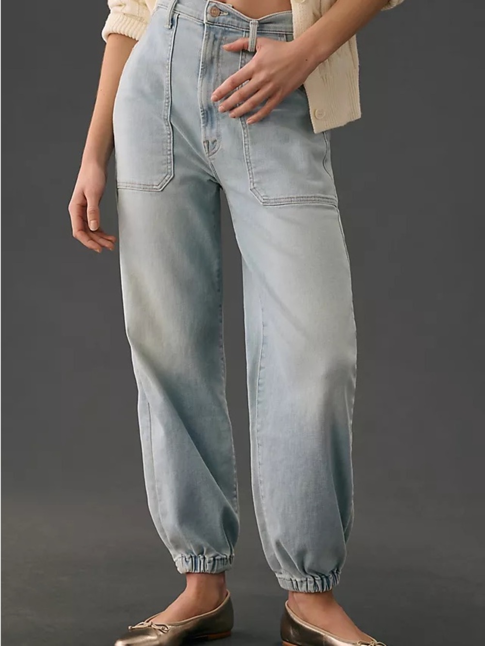 Mother Wrapper Patch Springy Jeans in Light Wash.